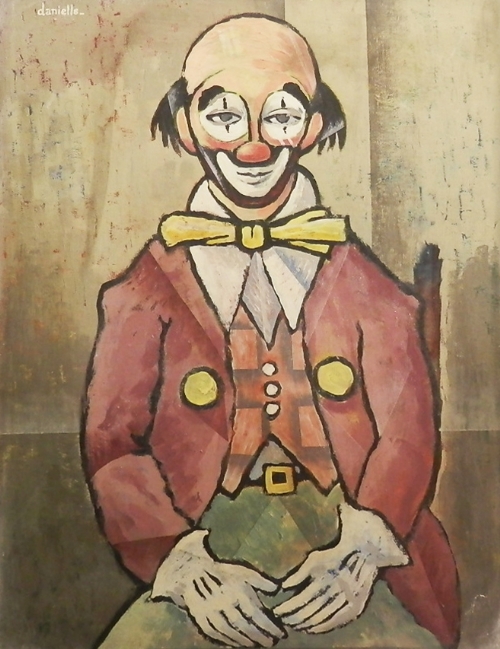 Daniells, British, mid 20th century- Portrait of a clown, oil on board, signed, 66x50.5cm: