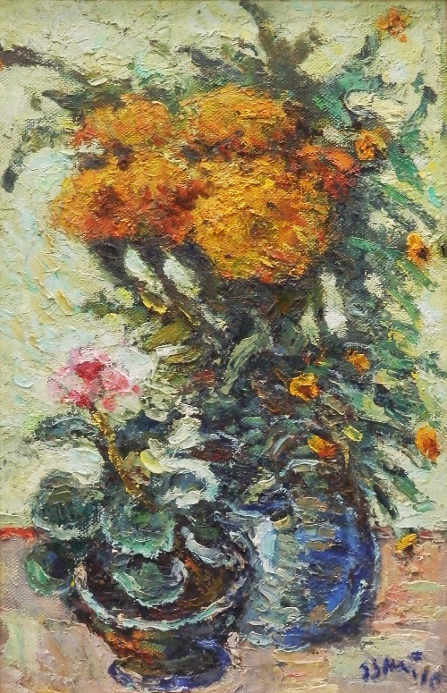 Georgi Zychenko, Ukranian b.1944- Floral still life; oil on canvas, signed, 60x38cm: Georgi