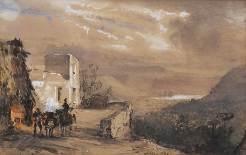 English School, mid 19th century- Travellers in a mountain landscape with dwellings and a vista