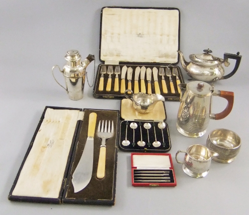 A collection of silver and plated items to include a silver teapot, Birmingham 1907, a boxed set