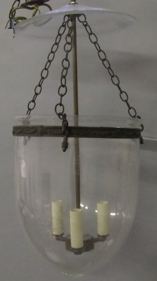 A glass and gilt metal three branch hundi hanging pendant light, 20th century, glass top leading