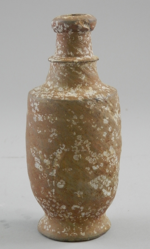 A medieval earthenware bottle, probably English, circa 13th-14th century, lipped top leading to