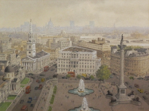 Ronald Lampitt, British 1906-1988- Trafalgar Square; charcoal and watercolour on buff, signed,