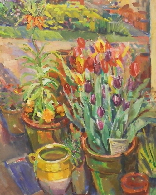Brian Edwin Oxley, British b.1943- "Tulips & Fritillary"; oil on canvas, signed, 77x62cm (may be