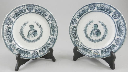 Two blue and white plates decorated with Napoleon Bonaparte, 19th century, of circular form, to