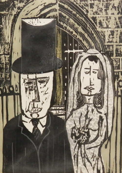 Andrew Taylor, British, mid-late 20th century- "Wedding Portrait"; linocut in colours, signed,