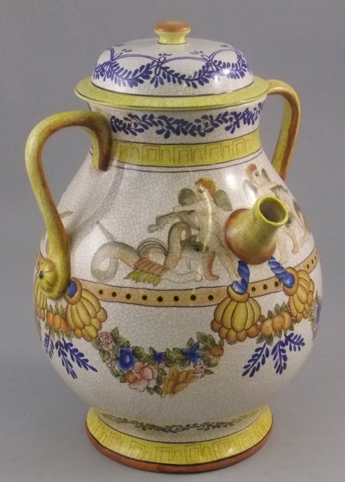 A large Italian faience twin handled storage jar with cover, 20th century, of baluster form with