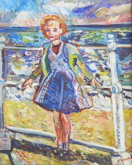 Russian School, mid 20th century- Portrait of a girl standing full-length along a rail by the sea