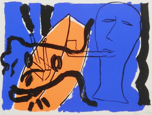 Bruce McLean, Scottish b.1944- Two figures with a pipe; screenprint in colours, signed and