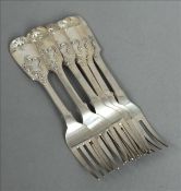 Six Victorian silver Fiddle pattern table forks, three hallmarked London 1852, maker`s mark of SHDC,