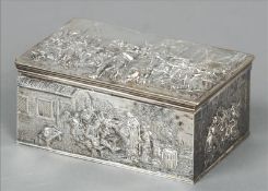 A 19th century Dutch silver box The hinged rectangular lid decorated in relief with soldiers, the