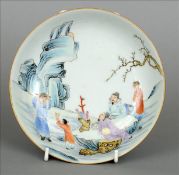 A Chinese porcelain dish Decorated with scholarly figures within a garden, blue painted six