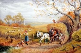 ENGLISH SCHOOL (20th century) Horse Drawn Hay Cart and Figures in an Extensive Rural Landscape