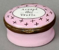 A 18th century style enamelled patch box The oval hinged lid inscribed Accept this Trifle. 4 cms