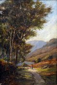 ENGLISH SCHOOL (19th century) Sheep Drover in a Highland Landscape Oil on canvas 30.5 x 46 cms,