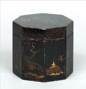 A Regency black lacquered tea caddy Of octagonal section, the hinged cover enclosing a single lidded