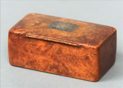 A 19th century burr maple table snuff box Of rectangular form, the lid with an applied metal