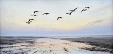 *AR JULIAN NOVOROL (born 1949) British Dawn Pinkfeet Leaving the Roost Oils on board Signed and