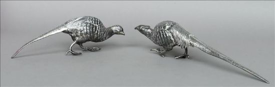A pair of silver plate table models formed as pheasants One modelled as a cock bird, the other a