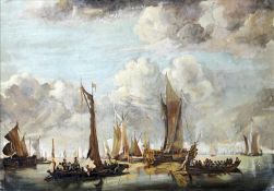 CONTINENTAL SCHOOL (19th century) Figures Alighting in a Busy Harbour Scene Oil on canvas 71 x 50.