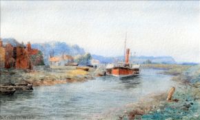 LEWIS PINHORN WOOD (1870-1913) British Paddle Steamer Docked in an Estuary Watercolour Signed 23.5 x