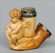 An 18th century white metal mounted meerschaum pipe The main body carved with a figure of cupid, the