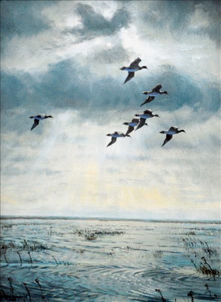 *AR JULIAN NOVOROL (born 1949) British Geese in Flight with Storm Approaching Oils on canvas