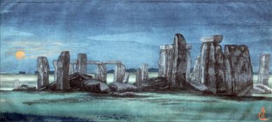 YOSHIJIRO URUSHIBARA (1888-1953) Japanese Stonehenge by Moonlight Woodcut Mounted, inscribed with