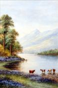 MILTON DRINKWATER (flourished 1880-1910) British Cattle Watering in a Highland Loch Scape