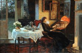 DECORATIVE SCHOOL (contemporary) Woman Reading in a Lamp Lit Interior Oil on board 64.5 x 43.5