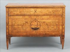 An 18th century Italian inlaid walnut marble topped commode The marble inset moulded rectangular top