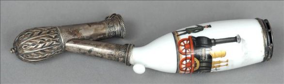 A 19th century German unmarked white metal mounted porcelain presentation pipe The bowl painted with