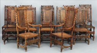 A harlequin set of twelve 17th/18th century carved walnut and beech caned dining chairs