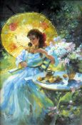 J. KOSINSKI (20th century) Russian Young Lady with Parasol in a Summer Garden Oil on board Signed