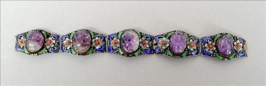 A Chinese silver plated carved hardstone mounted enamel decorated bracelet Formed from five
