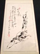 CHINESE SCHOOL (20th century) Hand painted scroll depicting shrimp and calligraphic text Various red