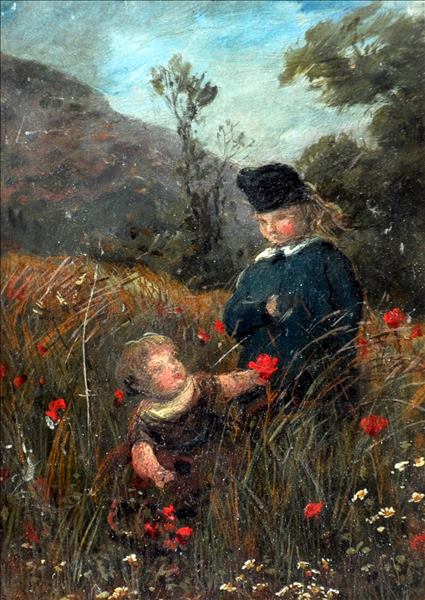 ENGLISH SCHOOL (19th/20th century) Children Amongst Wild Flowers Oil on card; also sketch of a