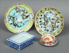 A small quantity of various Chinese ceramics Including: two turquoise and yellow ground plates, each