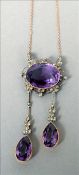 A Victorian unmarked gold, amethyst and diamond set pendant necklace The central facet cut