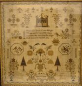 A 19th century needlework sampler by Mary Ann Newton, dated 1839 Worked with a verse within birds,