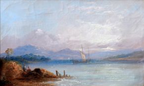 FISHER (19th/20th century) British Figures Before an Italianate Lake Scene Oil on canvas Signed 35.5