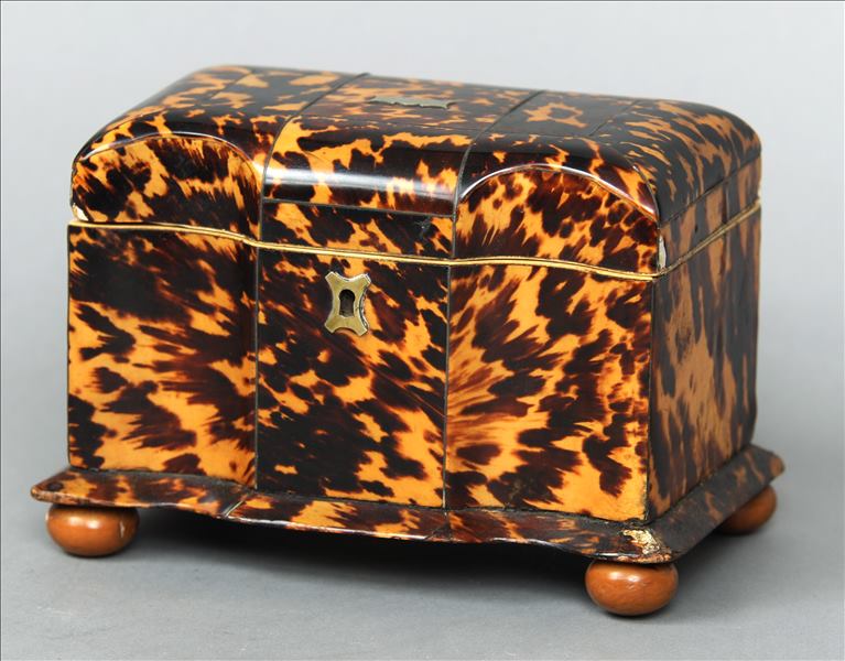 A 19th century tortoiseshell tea caddy The serpentine rectangular hinged lid enclosing two lidded