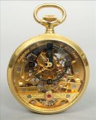 A Hebdomas unmarked yellow metal cased skeleton pocket watch The small pierced dial with Roman