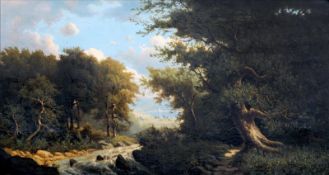 CONTINENTAL SCHOOL (19th century) Wooded River Landscape, a lakeside village in the distance Oil