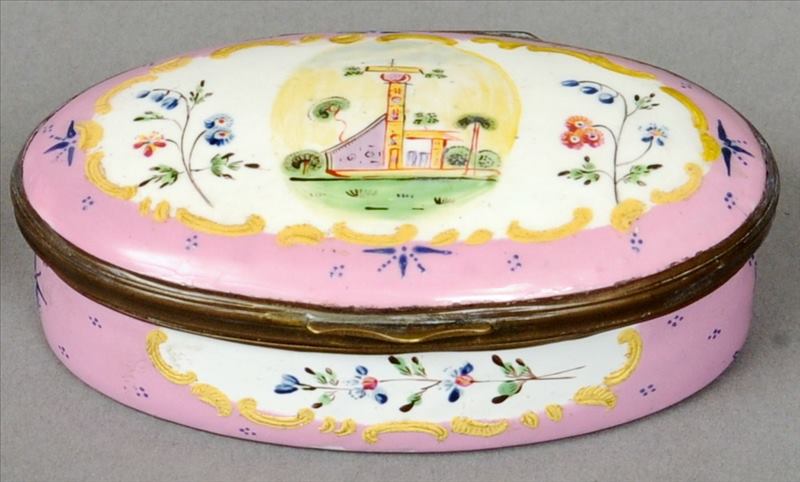 An 18th century style enamelled snuff box The hinged oval top decorated with a central vignette of a