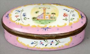An 18th century style enamelled snuff box The hinged oval top decorated with a central vignette of a