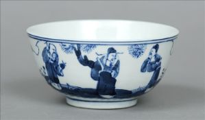 A Chinese blue and white porcelain bowl The exterior decorated with figures in a garden. 11.5 cms