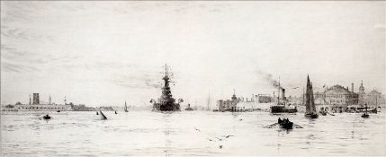 WILLIAM LIONEL WYLLIE (1851-1931) British HMS Renown Leaving Portsmouth Harbour Etching Signed in