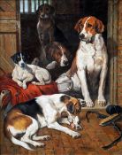 After JOHN EMMS (1843-1912) British Fox Hounds and Terrier in a Stable Interior Oil on canvas