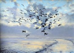 *AR JULIAN NOVOROL (born 1949) British Geese in Flight Over a Snowy Landscape Oils on canvas